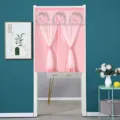 Pink double-layer lace door curtain detail, featuring elegant floral embroidery and deer motif. - Wreath Deer Pink Double Layer Opaque