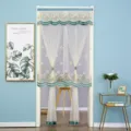 Detail view of sheer lace mesh door curtain featuring elegant green daisy embroidery. - 90*220cm / Little Daisy Green Ribbon Velcro
