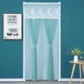 Turquoise door curtain with white lace trim and bow tiebacks for bedroom privacy and decor. - W90*H210cm All-Season Anti-Mosquito Curtain / Morning Glory Green Opaque Double Layer