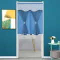 Detailed view of blue decorative door curtain with elegant lace top and beaded fringe for home. - Blue Gypsophila Double-Layer Opaque Fabric