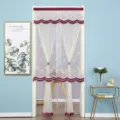 Sheer lace door curtain with burgundy scalloped top trim and delicate daisy embroidery design. - 90*220cm / Little Daisy Red Ribbon Velcro