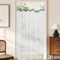 Lotus print sheer door curtain, punch-free lace mosquito net curtain for bedroom privacy home decor. - 100 x 200 cm with Hook & Loop Fastener / Lotus Scent-White Tulle Double-Layer Lace Split Type