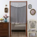 Gray leaf patterned door curtain with bead fringe for bedroom privacy and room decoration. - Candy Gray