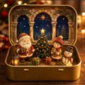 Detailliertes Weihnachts-Miniatur-Diorama in goldener Blechdose mit Weihnachtsmann-Figuren - Weihnachtsbaum Szene Ornament