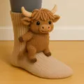 Nahaufnahme von 3D-Stricksocken mit niedlichem Hochlandrind-Plüschtier-Design für Kinder - Hochlandrind