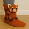 Detaillierte Ansicht einer süßen 3D-Häkel-Rotpanda-Figur an einer warmen Socke - Waschbär