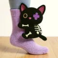 Detailaufnahme von 3D-Tierstricksocken mit einem niedlichen schwarzen Skelett-Katzen-Design - Skelett Katze