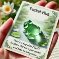 Handmade translucent green glass frog figurine with emotional Pocket Hug gift card set - Frog