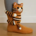 3D gestrickte orangefarbene Tigerkatzen-Tiersocken mit niedlichem Wickelschwanz-Design. - Tiger