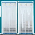 Λευκή διαφανής κουρτίνα πόρτας με μπλε τελείωμα και κέντημα καρδιάς, διπλής στρώσης για ιδιωτικότητα. - Διπλή γάζα με μπαλόνι μπλε μπεζ