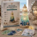 Komplettes Meerglas-3D-Leuchtturm-DIY-Set mit LED-Lichtern und Muscheln für die Dekoration - Seestern