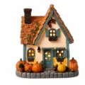 Detaillierte Makroansicht einer beleuchteten Kürbishaus-Lampe für Herbstdekoration - Drei-Kürbis-Hüttenlicht (Kürbis-Ornament)