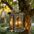 Macro detail of a vintage metal solar bird feeder hanging from a tree in a garden - 22*22*25 / Upgraded Vintage Solar Bird Feeder Pavilion