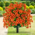 Detailansicht des leuchtend orangefarbenen künstlichen Gänseblümchen-Busches im Garten - Orange
