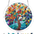 Farbentfroher Lebensbaum Acryl-Puzzle-Sonnenfänger im Buntglas-Stil für Fensterdeko - Leuchtende Baumblätter