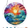 Hochwertiges Acryl-Sonnenfänger-Puzzle im Glasmalerei-Stil mit Sonnenuntergang und Wellen - Goldene Gezeiten