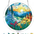 Rundes 83-Teile Acryl-Sonnenfänger-Puzzle im Buntglas-Stil für die Fensterdekoration - Sonnenaufgang und Blumenfeld