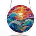 Rundes Acryl-Puzzle Sonnenfänger mit Buntglas-Design von Ozeanwellen und Sonnenuntergang. - Sonnenuntergang am Strand