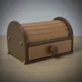 Detailansicht eines 3D-gedruckten braunen Brotkastens mit Rolltop und einer Schublade - H 9cm L 14cm B 10cm / Dunkelbraun