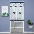 Cortina de puerta blanca transparente con borde azul lazos bordado floral cortina corta - Cinta azul con lazo y velcro