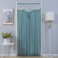 Teal pleated door curtain with delicate lace floral valance and tassel, home decor. - 100*210cm / Double Layer Shading with Velcro and Rod / Green