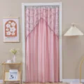 Pink double-layer sheer door curtain detail, featuring delicate floral embroidery and beaded valance trim. - Width 1.3m * Height 2m with Telescopic Rod / Green Field with Lining - Pink
