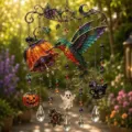 Detaillierte Ansicht eines Halloween-Sonnenfängers mit farbenfrohem Kolibri und Kristallanhängern - Kolibri Kürbis Stil (A)