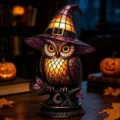 Gotische Buntglas-Eulenlampe mit lila Hexenhut, die perfekte Halloween-Nachtlicht-Deko. - Lila Hut-Eule