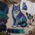 DIY Stickset Nordlicht Luchs mit Stickgarn, Stoffmustern und Werkzeugzubehör. - Nordlicht Luchs