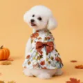 Cute autumn pumpkin print dog dress with a nice brown bow for small and medium pets. - S / White Pumpkin Dress / White