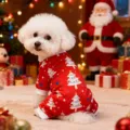 Cute red pet Christmas onesie with white trees and stars for dogs, perfect for holiday parties. - S / White Christmas Tree