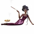 Handgefertigte afrikanische Frauen-Räucherkegel-Statue aus Keramik in lila Kleid und Gold - Ethno-Violett Stil