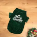 Green velvet Christmas pet clothes detail, featuring sparkly text and festive design for dogs. - S / Green