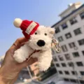 Cute white dog plush keychain bag charm with red hat and scarf fluffy animal pendant accessory. - Heart Scarf Red Hat Westie Clasp Style