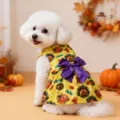 Herfst hond jurk kalkoen pompoen print met paarse strik voor kleine en middelgrote honden - 3XL / Pompoen Kalkoen Jurk / Geel