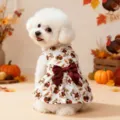 Cute Thanksgiving Dog Dress Autumn Turkey Print Pet Apparel with Maroon Bow for Small Dogs - XL / Dresses / White