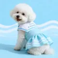 Bonito vestido azul claro para perro con cuello marinero, falda de verano transpirable para mascotas. - XS / Azul cielo