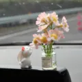 Cute car dashboard ornament rabbit with pink flower glass bottle cute interior decoration. - Sniffing Rabbit + Pink Daisy Vase