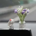 Cute rabbit car dashboard ornament with purple floral glass vase, interior decor desktop. - Sniffing Rabbit + Purple Jasmine Vase