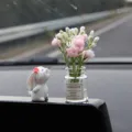 Cute rabbit car dashboard ornament with pink flower vase, creative interior decoration for vehicle. - Sniffing Rabbit + Pink Jasmine Vase