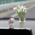 Cute car dashboard ornament set with white rabbit figurine and artificial flower glass vase. - Sniffing Rabbit + White Jasmine Vase