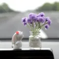 Cute car ornament rabbit figurine with purple flower glass vase desktop dashboard decor interior - Sniffing Rabbit + Purple Gypsophila Vase