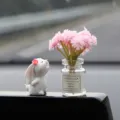 Cute car dashboard ornament white rabbit sniffing flowers glass vase pink floral decor - Sniffing Rabbit + Pink Gypsophila Vase
