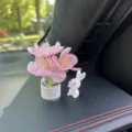 Decoración interior de coche mini florero lindo con figura de conejo de resina - Jarrón de Hojas Grandes + Conejo Sonriente / Rosa