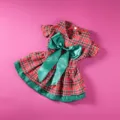 Vestido de perro mascota a cuadros rojo y verde de Navidad con gran lazo de saten - S / Cuadros rojos de Navidad