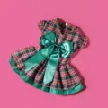 Perro Vestido de Cuadros de Navidad Lazo Verde Ropa Festiva para Mascotas Variante - S / Adorno de cuadros azules de Navidad