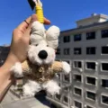 Cute West Highland White Terrier plush pendant bag charm with knit sweater and bow. - White Bow Westie Khaki Sweater Khaki Lanyard