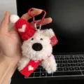 Cute white plush dog keychain with red knitted hat and scarf, sweet bag pendant accessory. - Heart Red Hat Heart Red Scarf Westie Red Ring Clasp