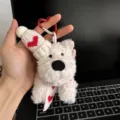 Cute West Highland White Terrier plush keychain with knitted hat and heart scarf pendant. - Heart White Hat Heart White Scarf Westie Red Ring Clasp