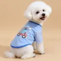 Lindo chaleco para perro gato primavera verano, playera azul rayada con dinosaurio. - XS / Azul
